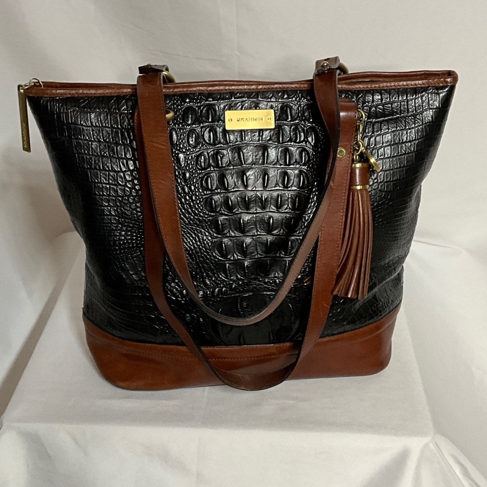 Brahmin Black and Brown Croc-Embossed Tote